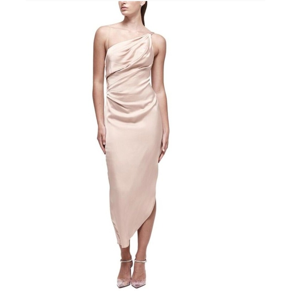 Rachel Gilbert Xandra Dress NWT Size 8 Luxe Satin One Shoulder Ruched Midi Peach